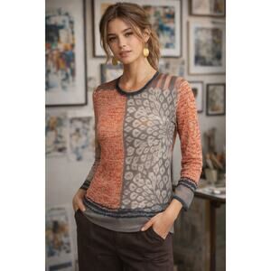 David Cline Art Print Mesh Top Sheer Patchwork Long Sleeve Y2K Art Teacher Small